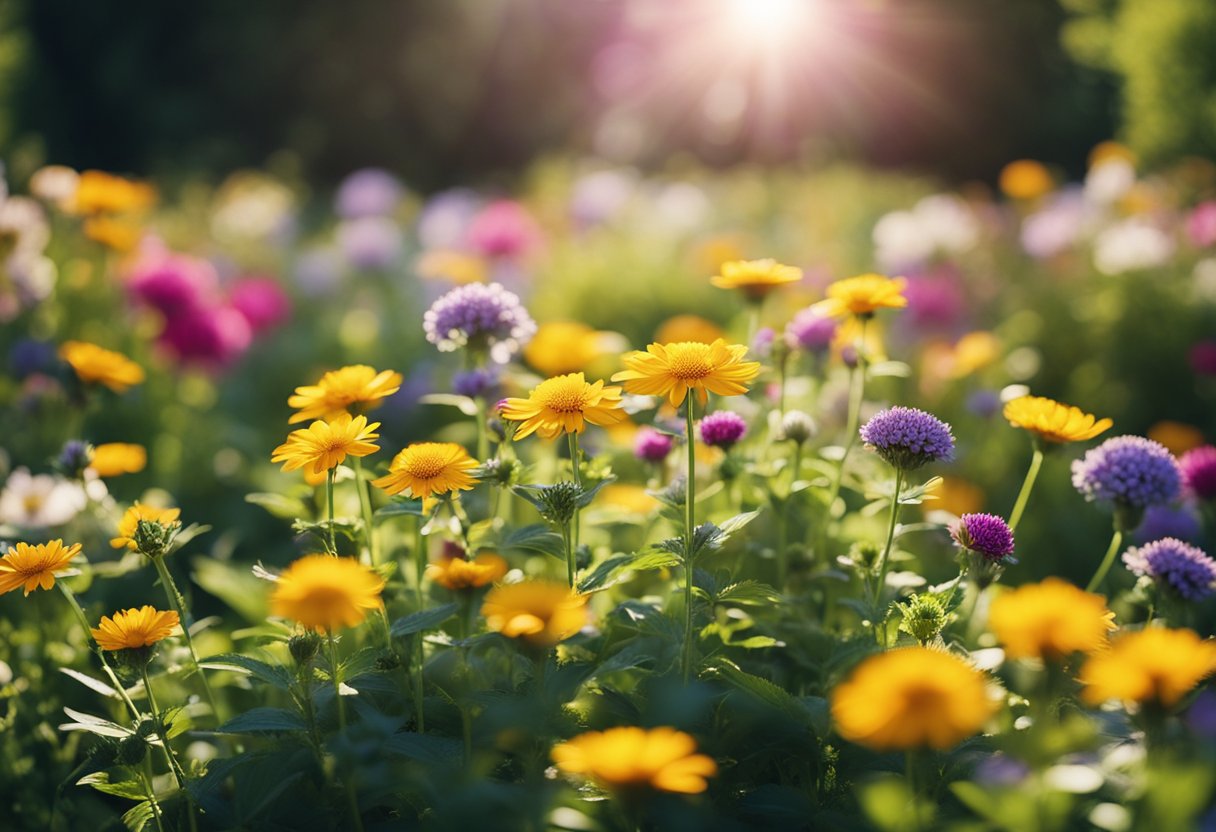 A vibrant garden bathed in sunlight, featuring an array of colorful flowers flourishing in the heat