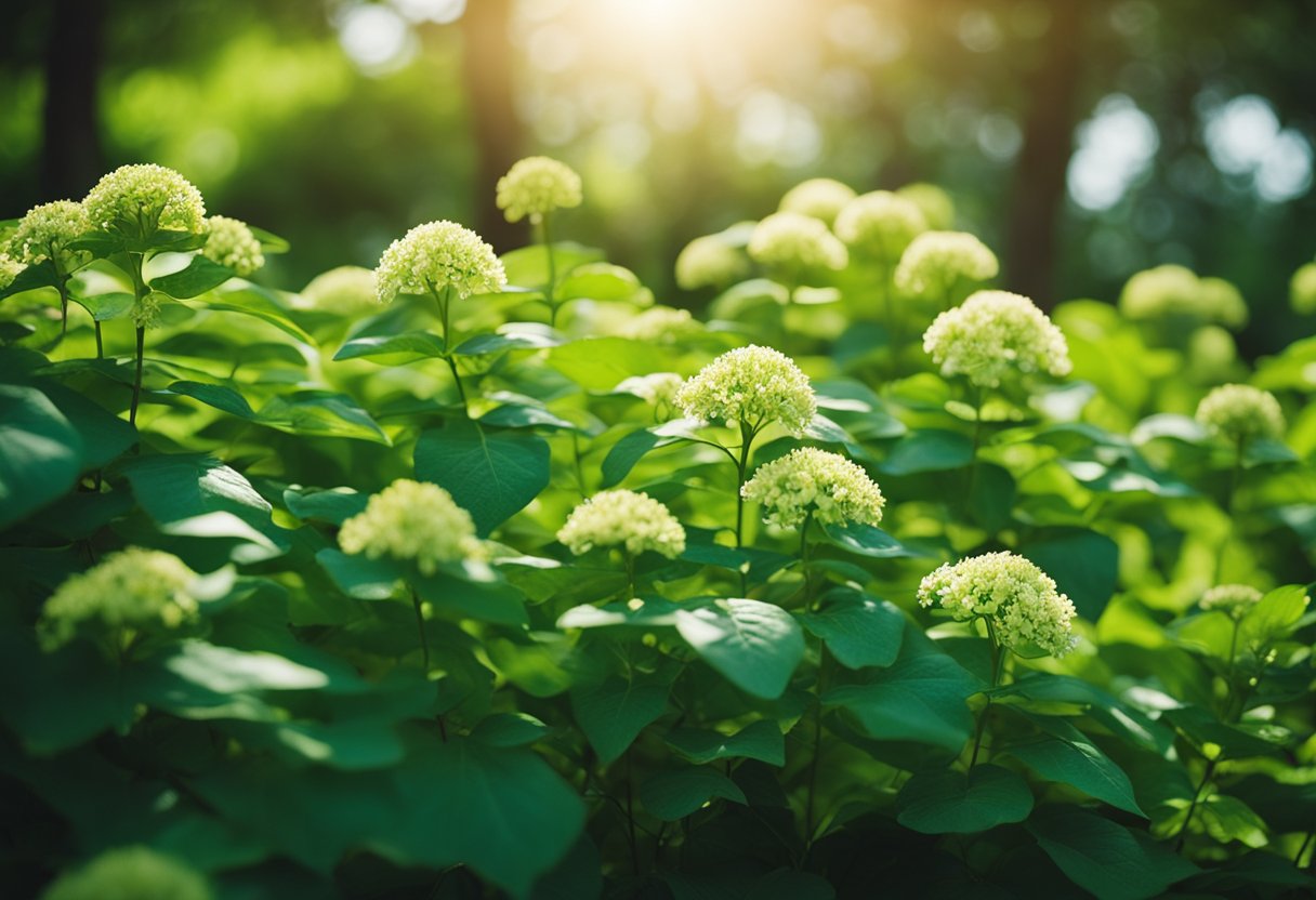 Lush green foliage surrounds a cluster of vibrant, shade-loving flowers in a tranquil garden setting. The dappled sunlight filters through the trees, creating a peaceful and serene atmosphere