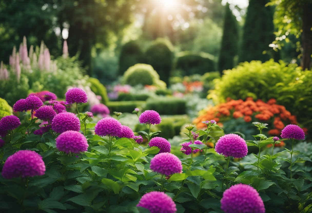 Lush garden with vibrant shade-loving flowers in a variety of colors and sizes. The flowers are nestled among green foliage, creating a beautiful and serene scene