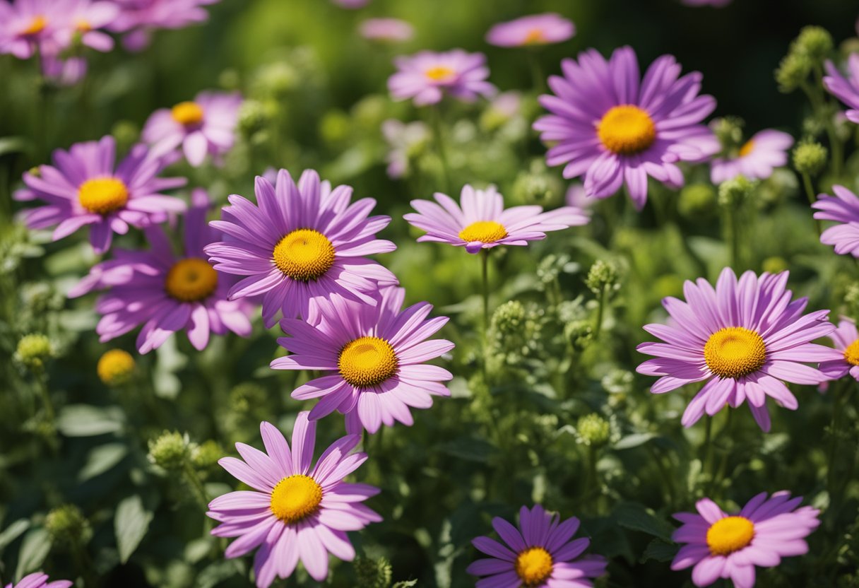 Vibrant flowers basking in full sun, surrounded by lush greenery. A bright, sunny day with clear blue skies, showcasing the beauty of heat-loving outdoor flowers