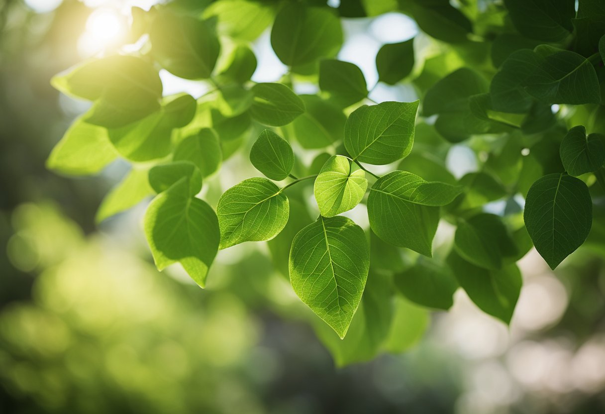 Lush green foliage thrives in dappled sunlight. Delicate blooms of various colors peek out from beneath the leaves, adding pops of vibrant color to the shaded garden