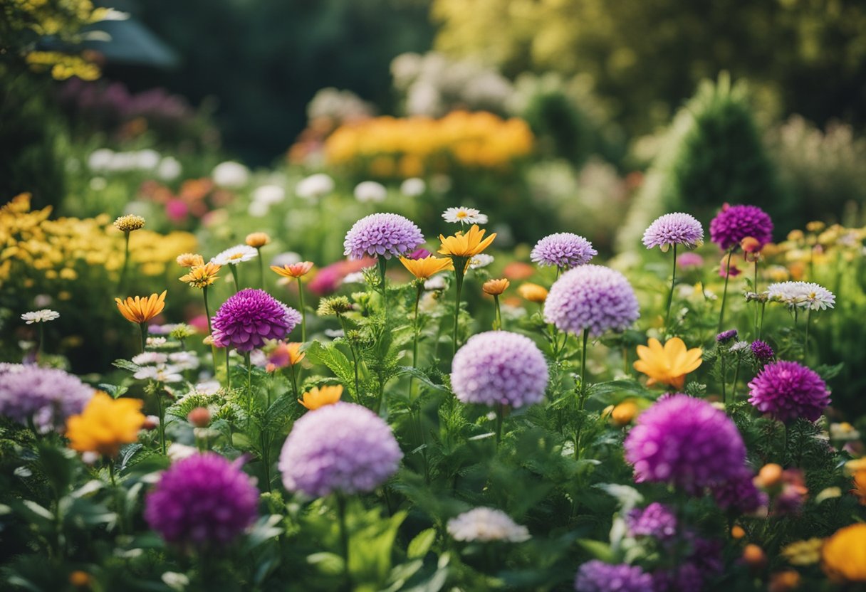 A garden with a variety of flowers in bloom, showcasing different colors and sizes, with a backdrop of changing foliage to represent different seasonal plant hardiness zones