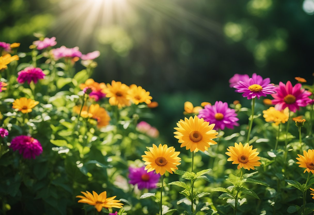 Vibrant flowers basking in bright sunlight, surrounded by lush green foliage. The scene exudes warmth and vitality, with a variety of colorful blooms thriving in the heat