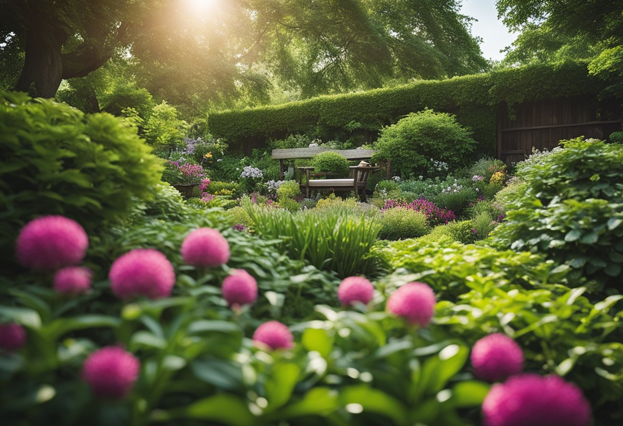 Lush green foliage surrounds vibrant shade-loving flowers in a garden's shady area. A gardener's tools and plant care products are neatly arranged nearby