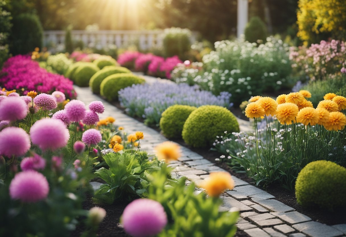 A garden layout with various flowers in bloom throughout the seasons, from spring to fall, showcasing a colorful and vibrant outdoor space