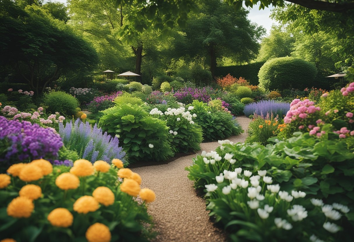 A lush garden with a variety of shade-loving flowers in bloom, creating a vibrant and colorful display in a shaded outdoor area