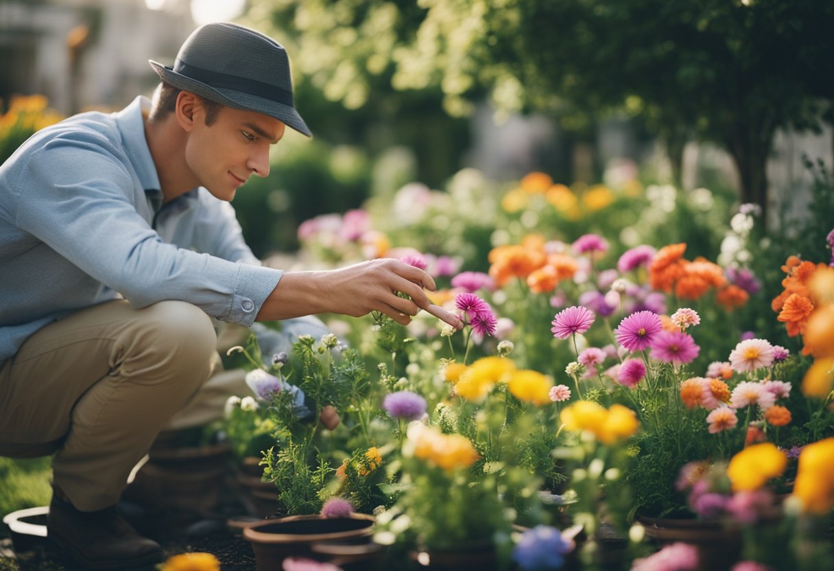 A gardener carefully selects colorful seasonal flowers, planning for continuous blooms in an outdoor garden