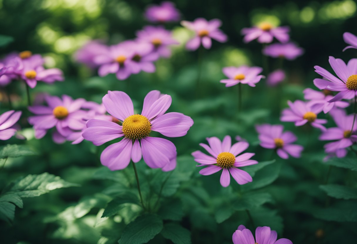 Lush, green foliage creates a cool, serene atmosphere. Brightly colored flowers bloom in the dappled shade, adding pops of vibrant color to the tranquil garden setting