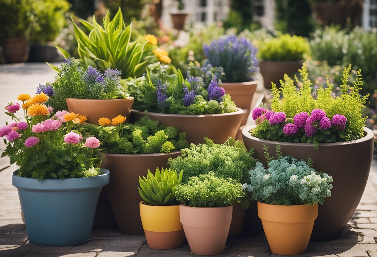 A colorful array of flowers and greenery arranged in various pots and planters, creating a vibrant and inviting landscape for a yard