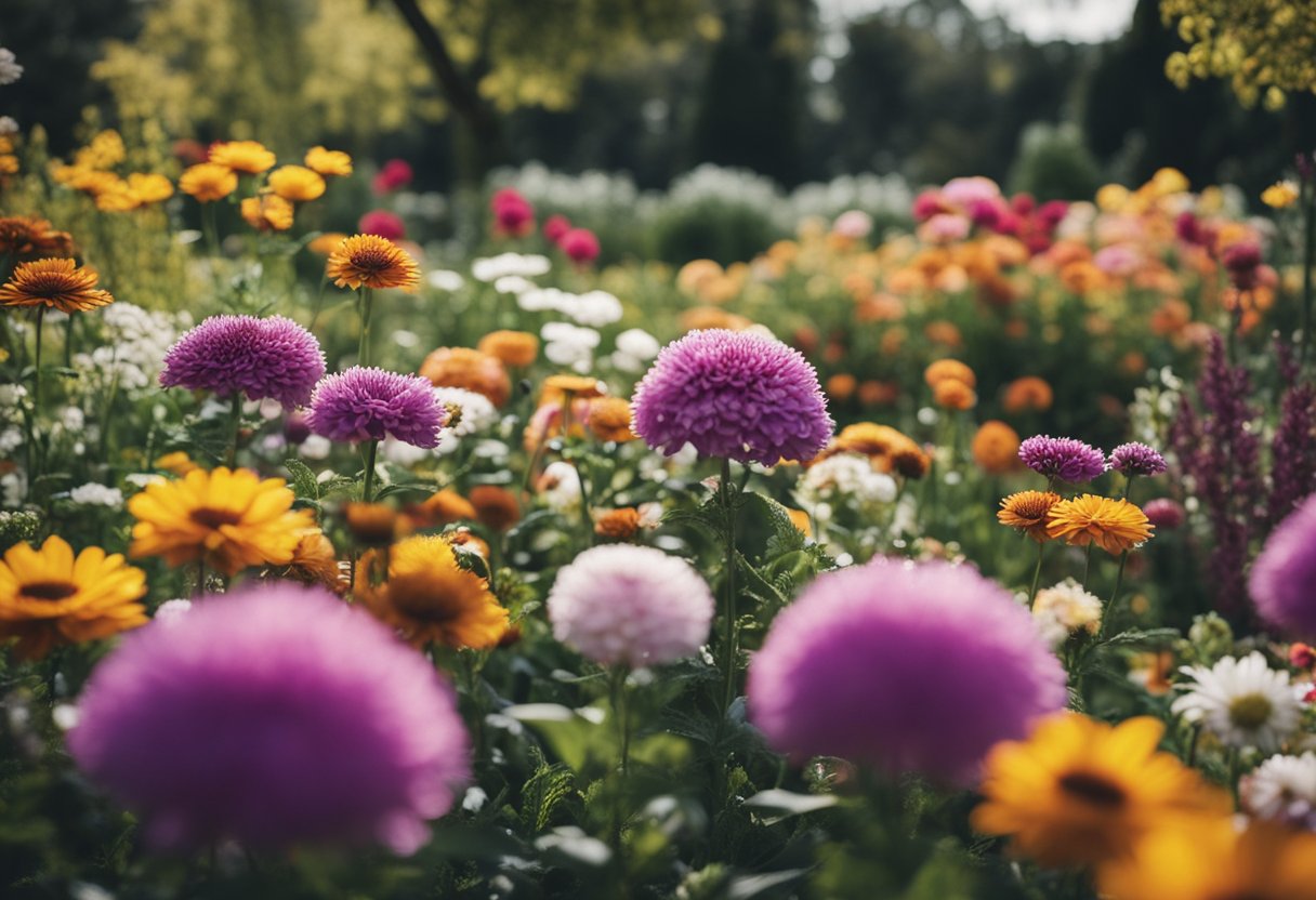 A garden with a variety of flowers in bloom, from early spring to late fall, showcasing a range of colors and sizes