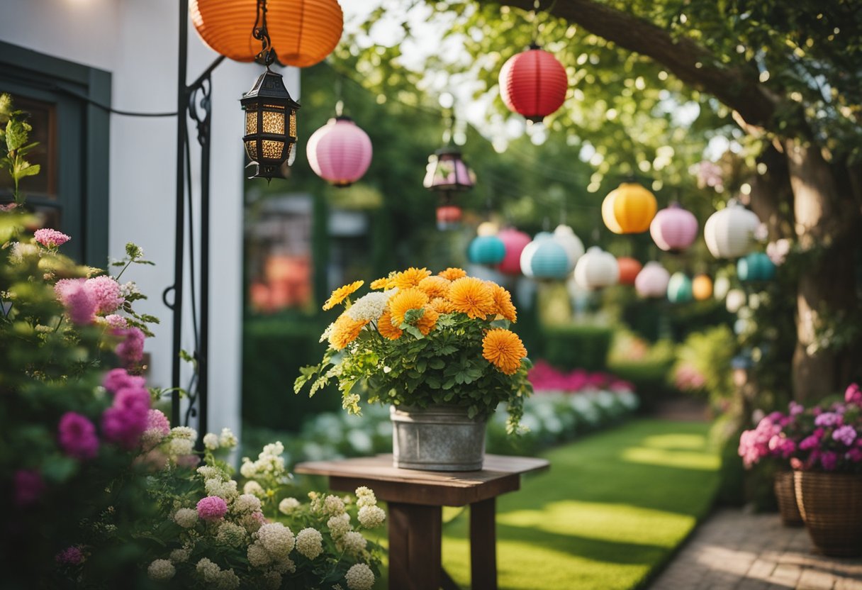 Shady garden corner with blooming flowers, surrounded by decorative accessories like hanging lanterns and colorful garden stakes