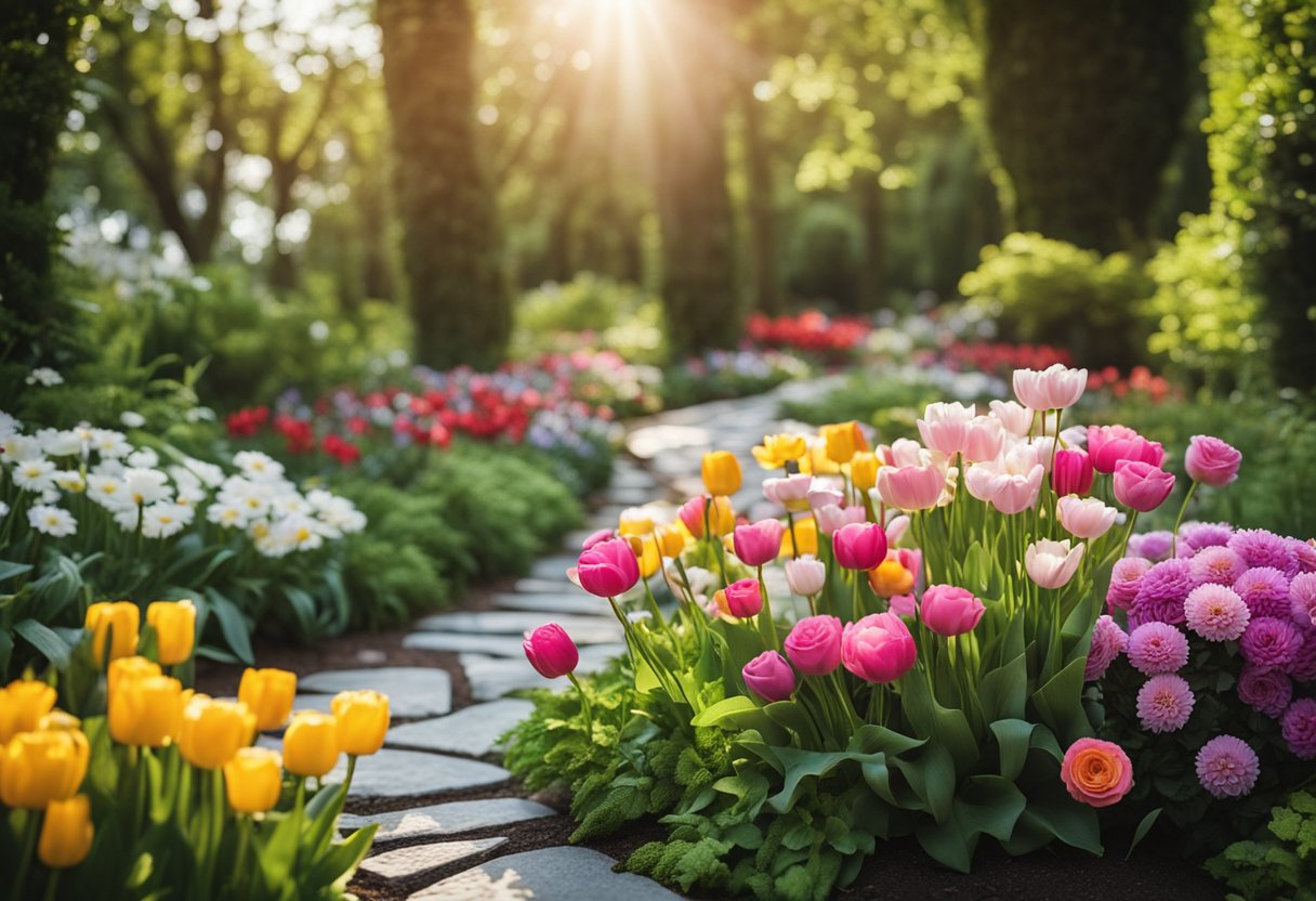 A colorful array of flowers, including daisies, roses, and tulips, are arranged in a garden bed surrounded by lush greenery and a stone pathway