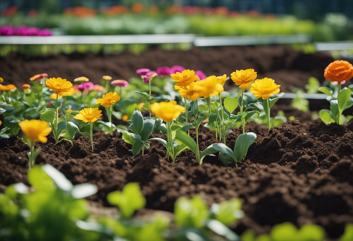 Rich soil being tilled and amended with compost. Colorful flowers arranged in a garden bed, with a variety of blooms in different stages of growth