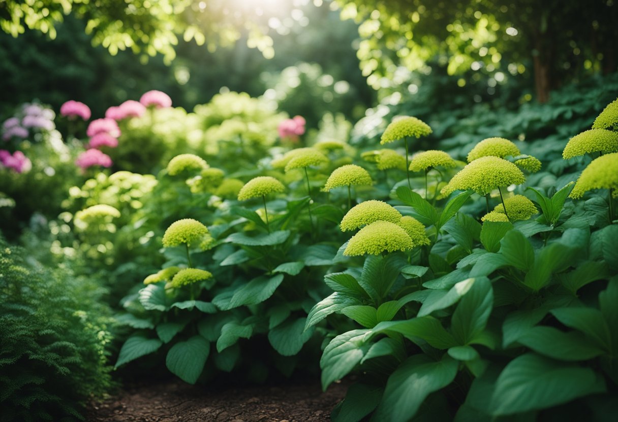 Lush green foliage surrounds a variety of vibrant flowers in a shaded garden. The dappled light creates a serene and inviting atmosphere, perfect for showcasing shade-loving outdoor blooms