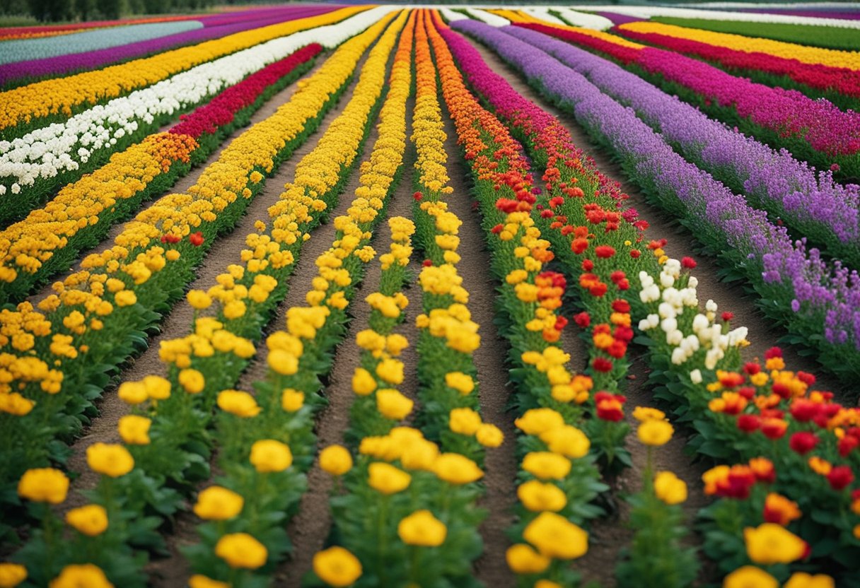 A garden with rows of colorful flowers, surrounded by a network of irrigation systems. The flowers are in various stages of bloom, creating a continuous display of vibrant colors