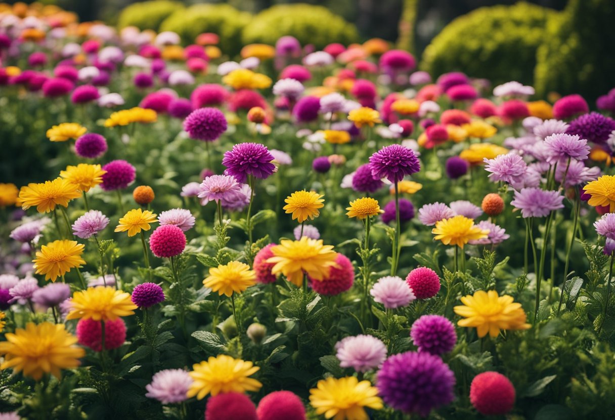 A colorful array of flowers arranged in various heights and textures, creating a visually appealing landscape design for an outdoor yard