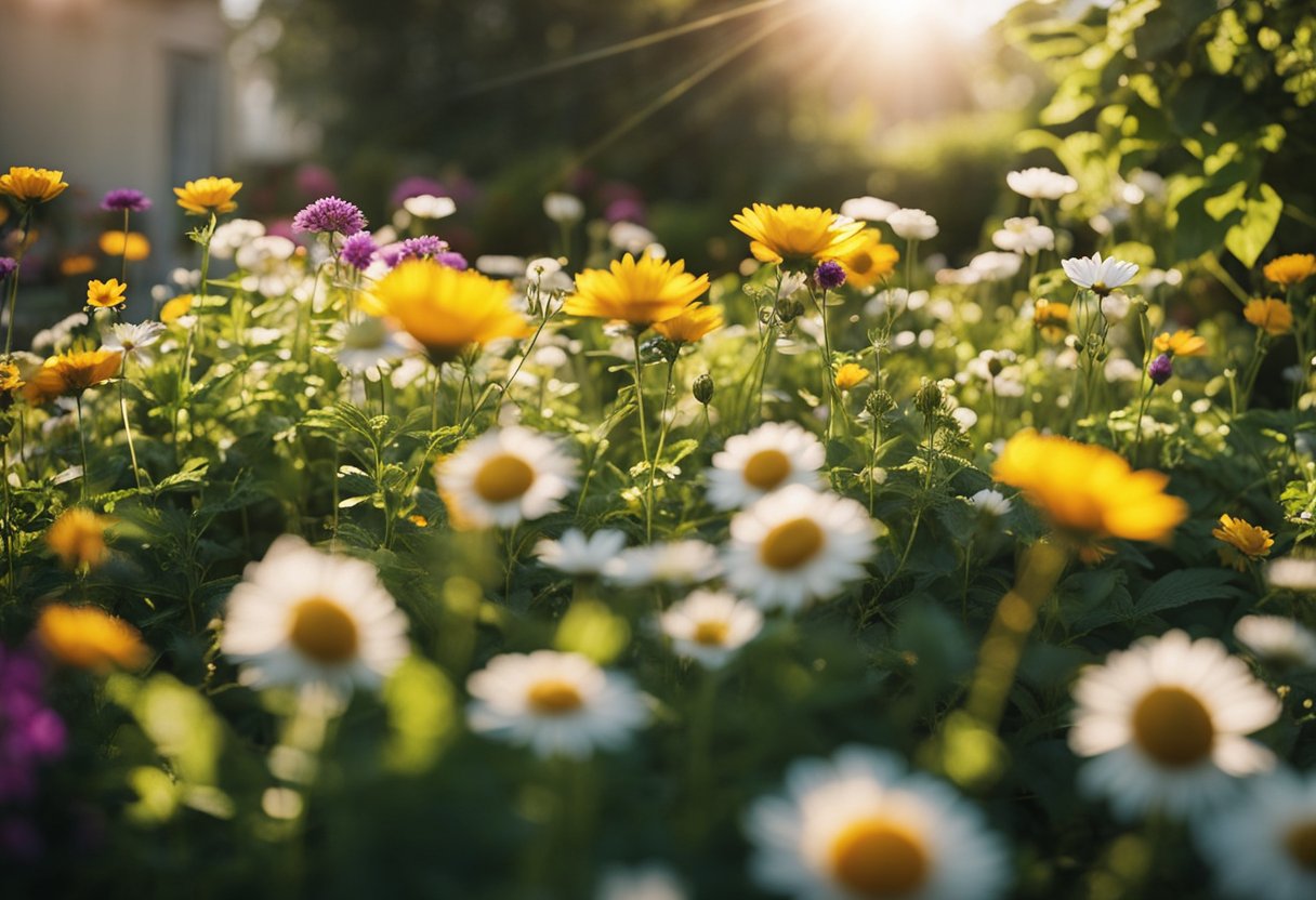 Bright sun shines down on a garden with a variety of flowers. A person selects flowers suited for their climate zone, surrounded by lush greenery