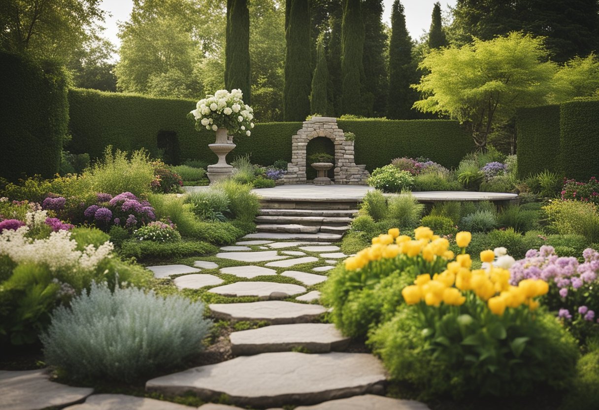 A garden with a variety of outdoor flower arrangements surrounded by hardscaping elements such as stone pathways, decorative walls, and water features