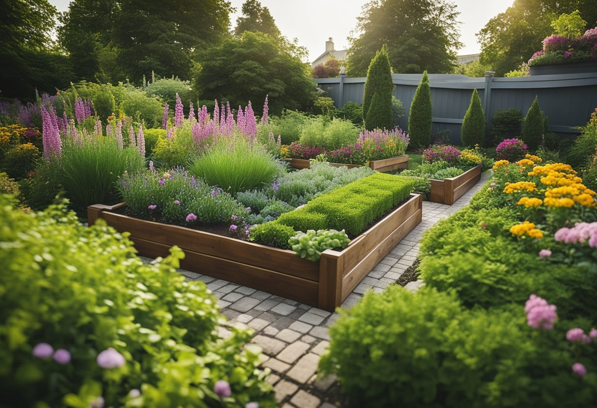 Lush greenery spills over the edges of raised beds, while colorful flowers bloom in various containers. The garden is set against a backdrop of a well-manicured yard, with a mix of flowering plants and shrubs