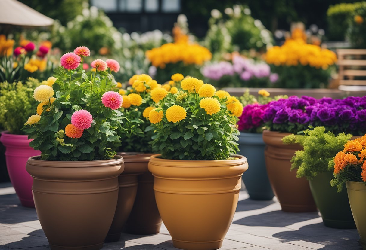 Vibrant flowers in various colors and sizes arranged in decorative pots and planters, positioned strategically throughout a well-manicured outdoor space