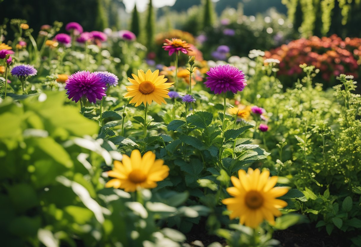 Vibrant flowers in various colors and sizes bloom in well-maintained outdoor garden beds, surrounded by lush green foliage and receiving gentle sunlight