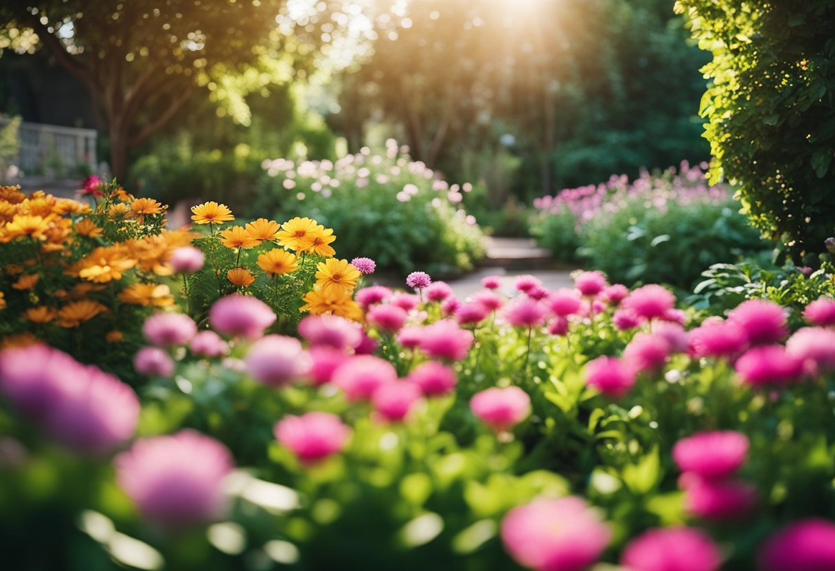 A colorful garden with blooming flowers, surrounded by lush greenery and well-maintained landscaping. Sunlight filters through the leaves, creating a warm and inviting atmosphere