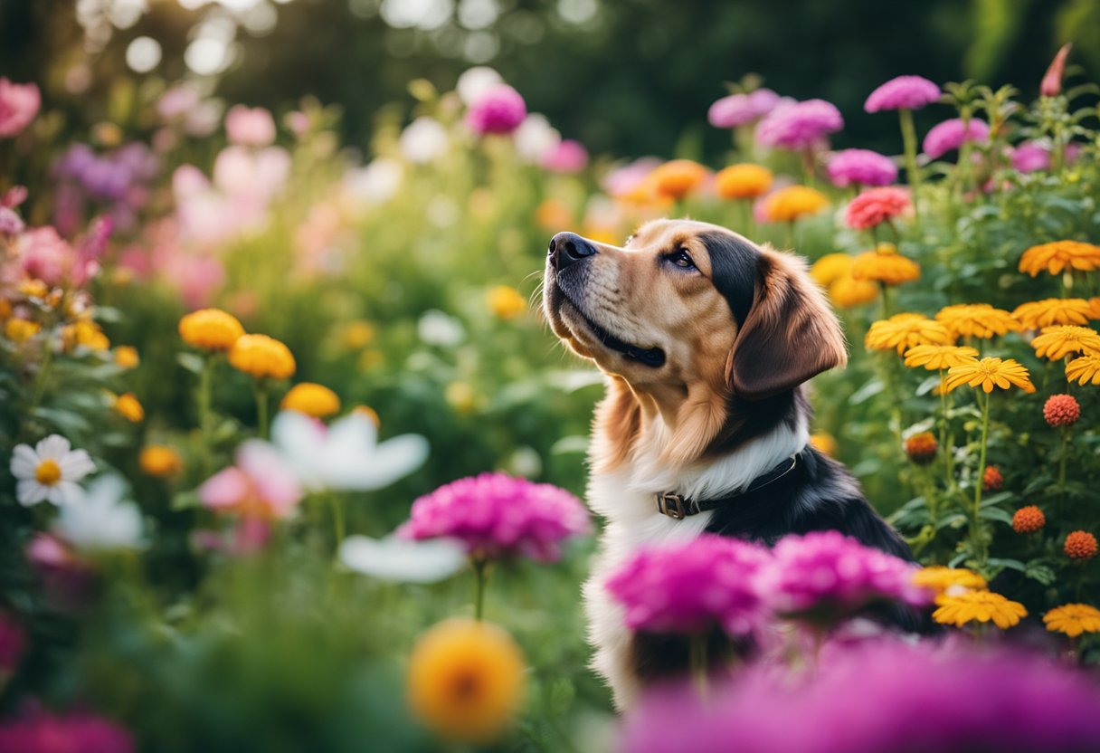 Vibrant flowers bloom in a lush garden, attracting butterflies and bees. A friendly dog sniffs at the colorful blossoms, surrounded by pet-safe plants