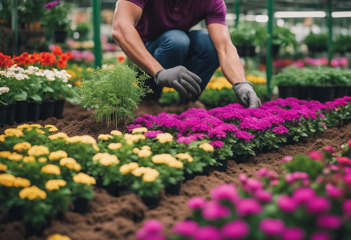 A person carefully chooses vibrant flowers from a garden center, then gently plants them in well-prepared soil, surrounded by mulch and watered with care