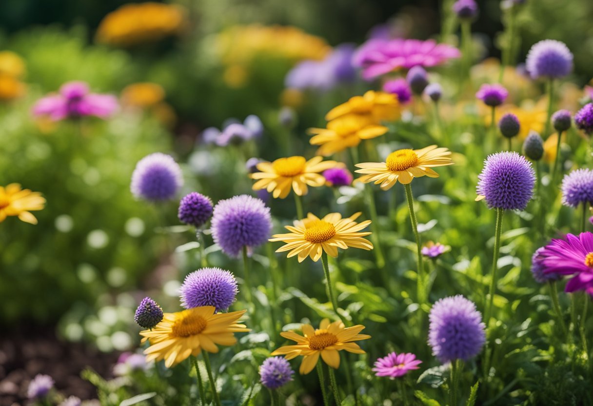 Vibrant flowers bloom in a well-organized outdoor landscape, showcasing sustainable practices. The arrangement features a mix of native and pollinator-friendly plants, creating a beautiful and eco-friendly yard