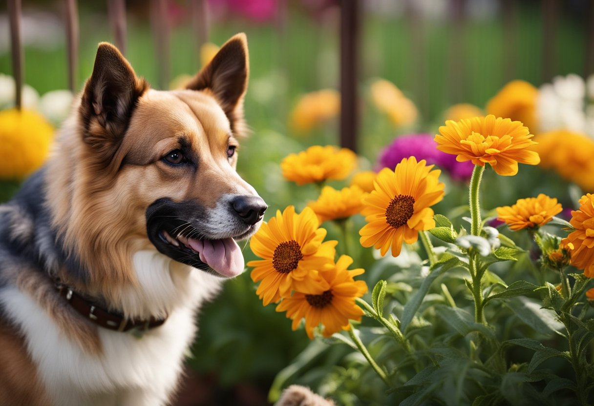 A colorful garden with pet-friendly flowers like marigolds, sunflowers, and snapdragons. A dog and cat playfully explore the safe and beautiful garden, surrounded by a fence for added pet safety