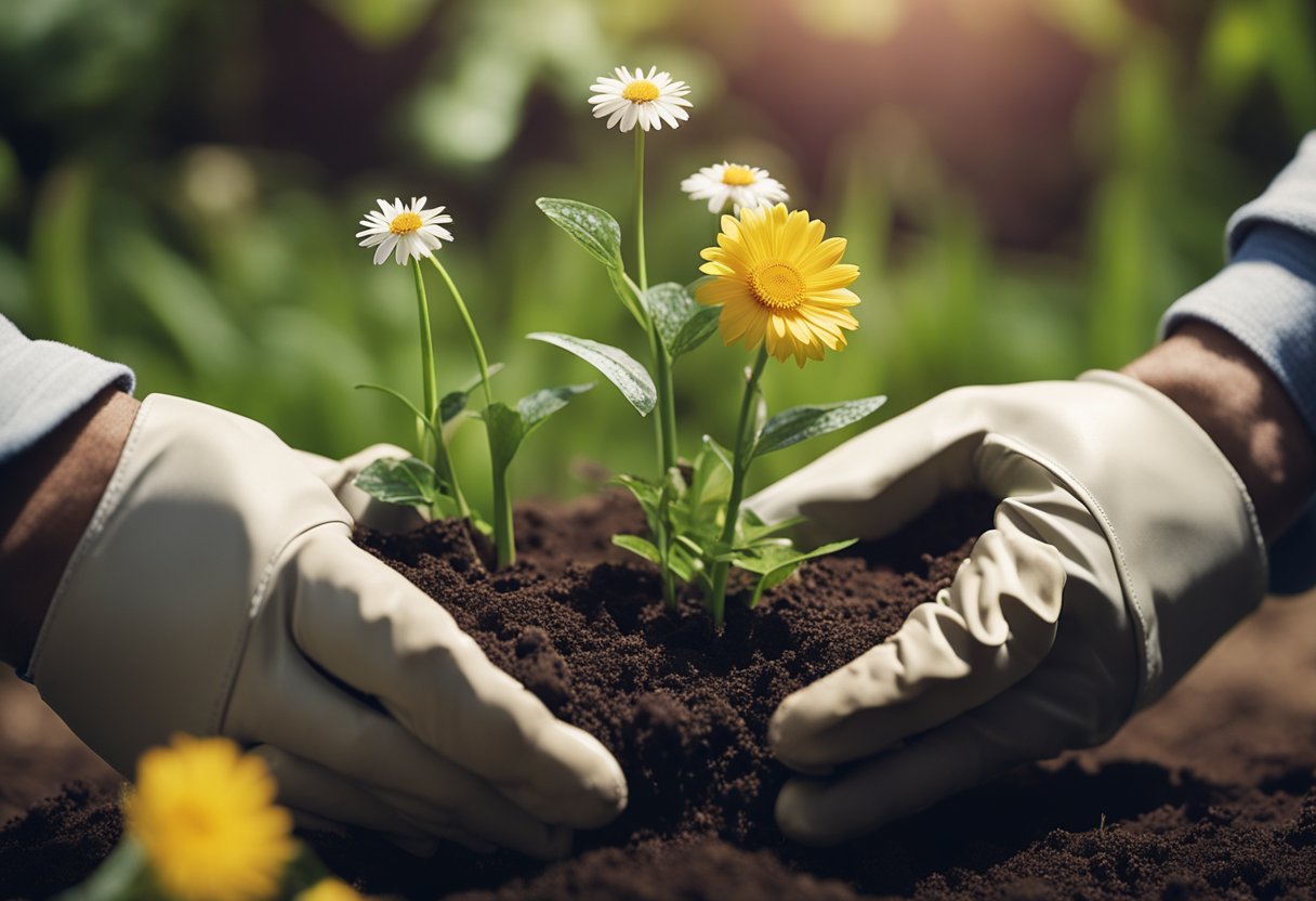 A pair of gardening gloves gently press a flower seed into the rich soil, while a watering can showers the surrounding plants with a gentle stream of water