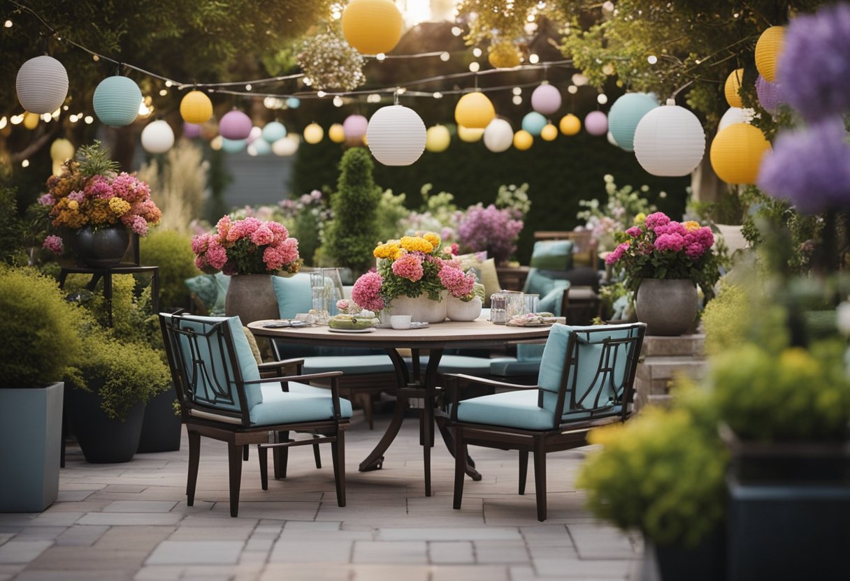 A garden patio with colorful flower arrangements, surrounded by strategically placed outdoor lighting and accessorized with decorative garden ornaments and furniture