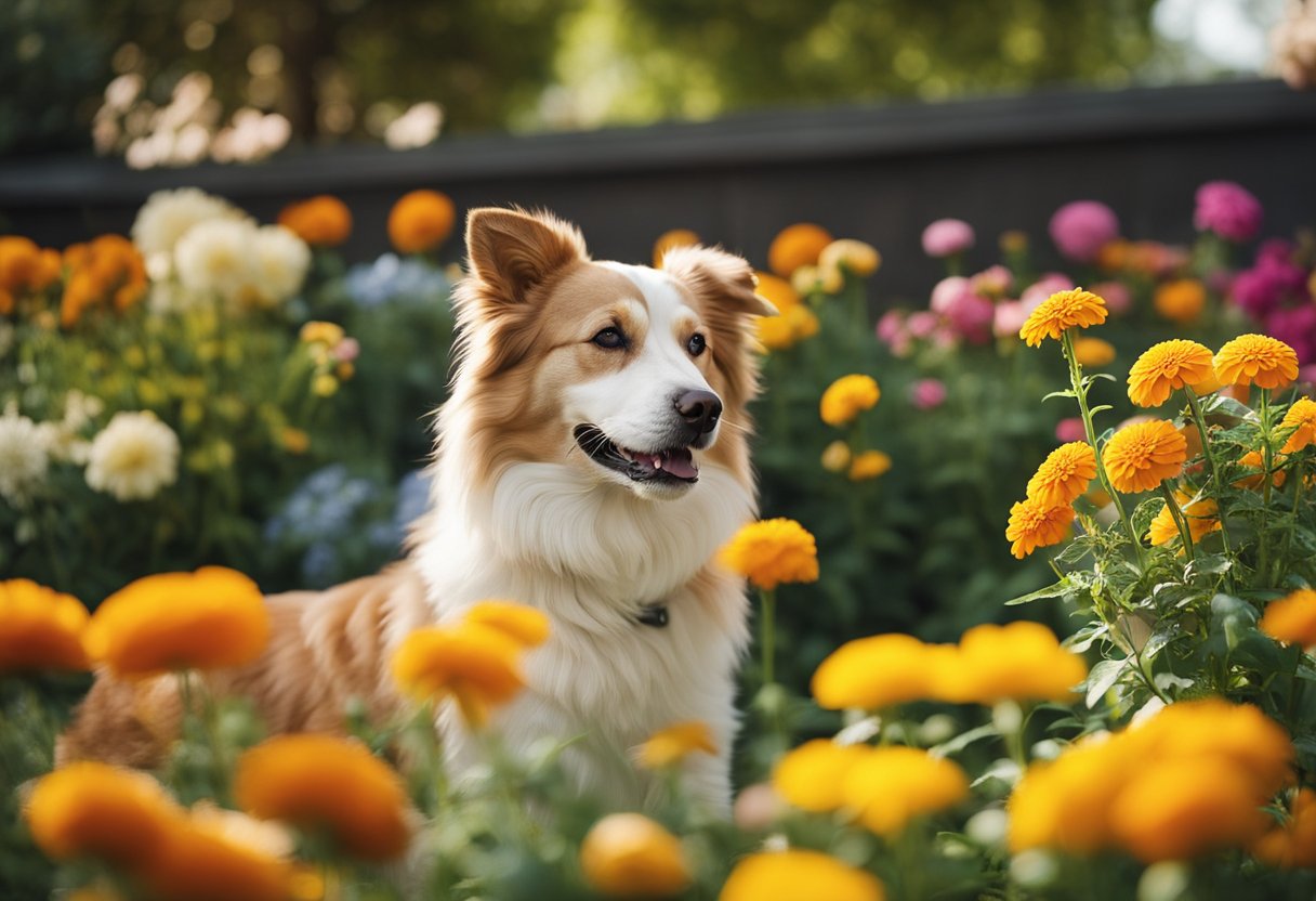 A colorful garden with pet-friendly flowers like marigolds, sunflowers, and roses. A happy dog sniffs the blooms while a content cat lounges nearby