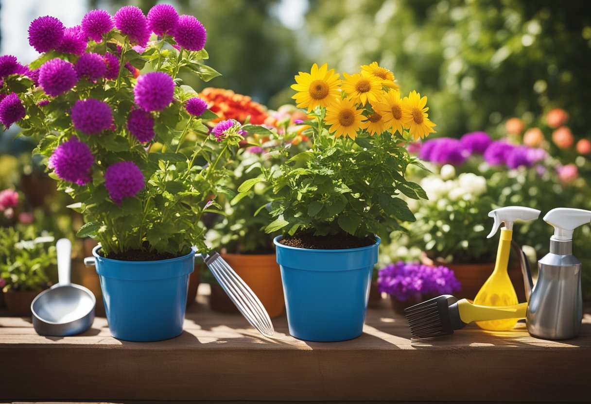 Vibrant flowers in various pots receive water and fertilizer, surrounded by gardening tools and a bright, sunny outdoor setting