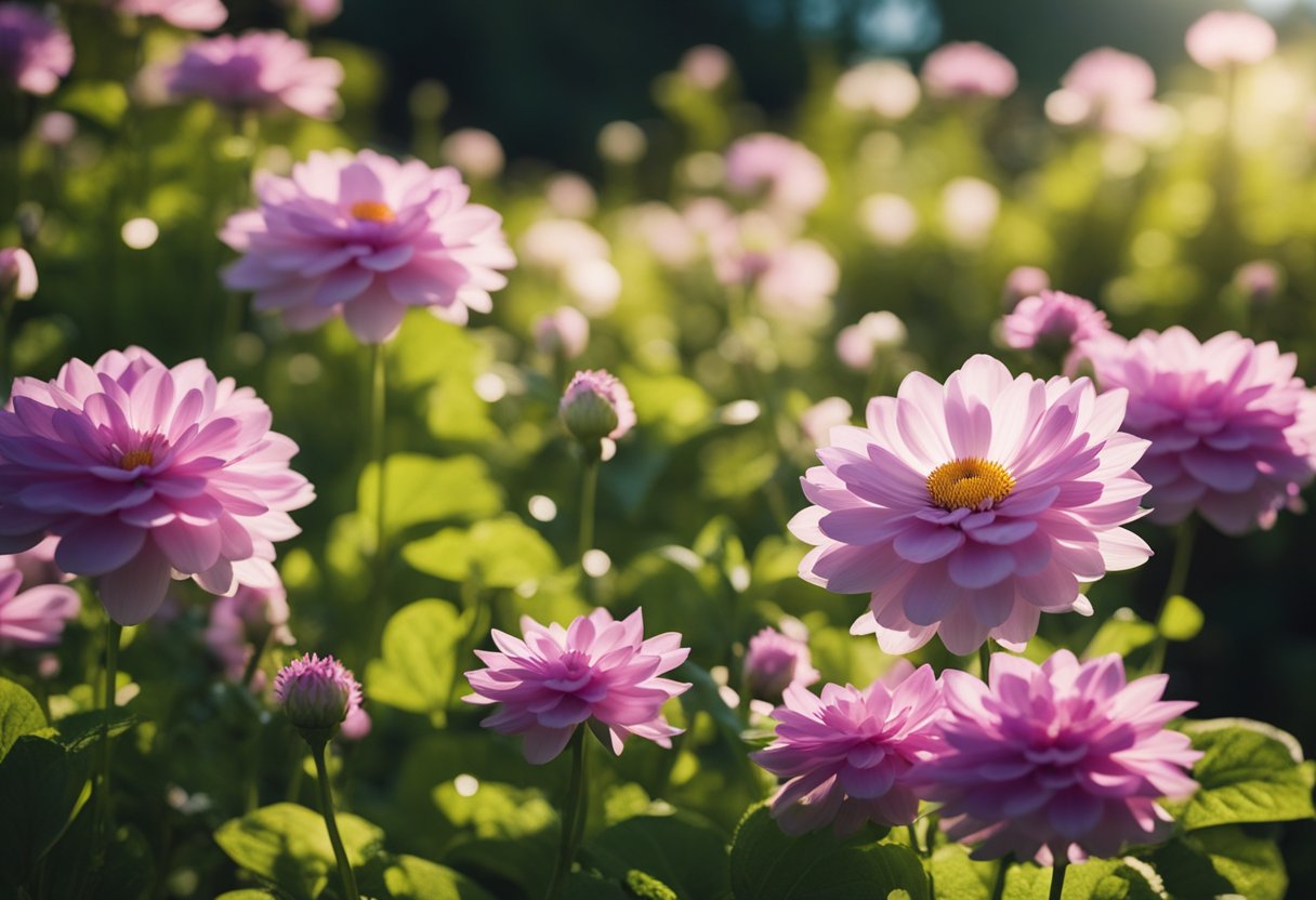 A vibrant garden with colorful blooms, lush green foliage, and healthy soil. Sunlight filters through the leaves, and a gentle breeze ruffles the petals