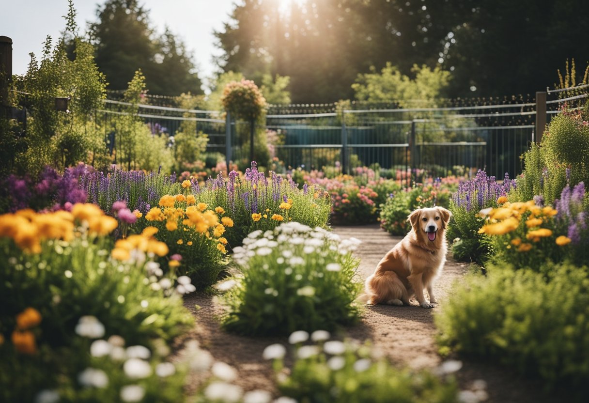 A colorful garden with pet-friendly flowers, a fenced outdoor space, and happy pets playing safely