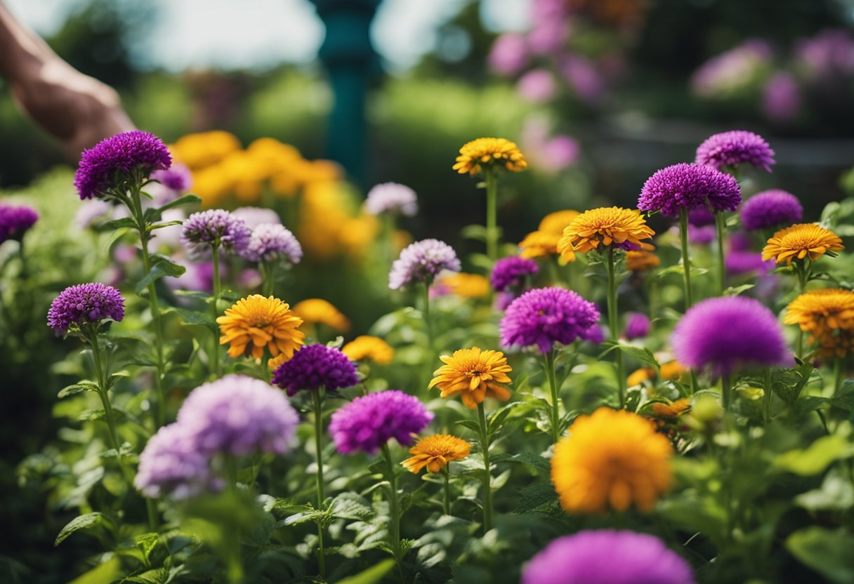 Vibrant flowers being carefully pruned and deadheaded in a well-maintained outdoor garden, with healthy and flourishing plants surrounding them