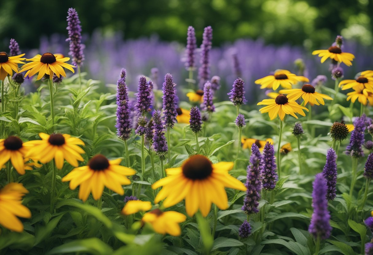 A colorful garden bed with blooming perennial flowers, including coneflowers, black-eyed susans, and lavender, surrounded by lush green foliage