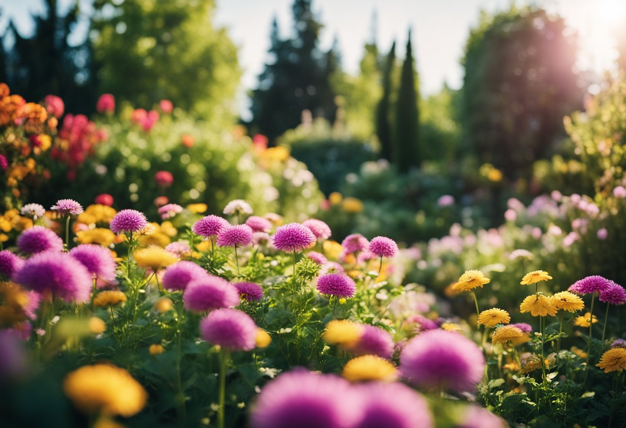 A garden with colorful, pet-friendly flowers in bloom, surrounded by lush greenery and bathed in warm sunlight