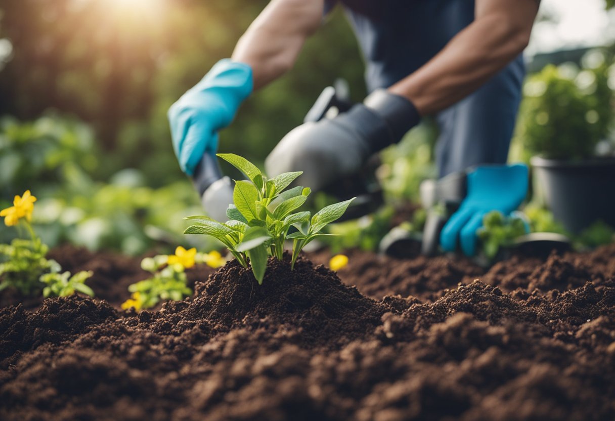 A gardener spreads mulch around blooming flowers, enriching the soil for healthy growth