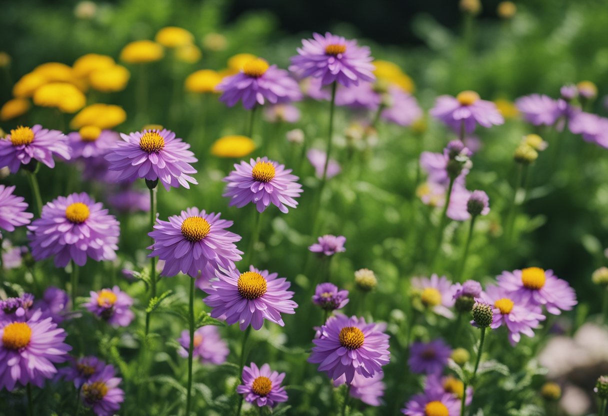 Vibrant perennial flowers bloom in a sustainable garden, attracting pollinators and requiring minimal maintenance