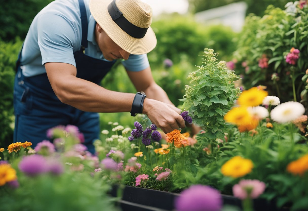 A gardener carefully chooses perennial flowers, surrounded by lush greenery and colorful blooms, creating a sustainable garden