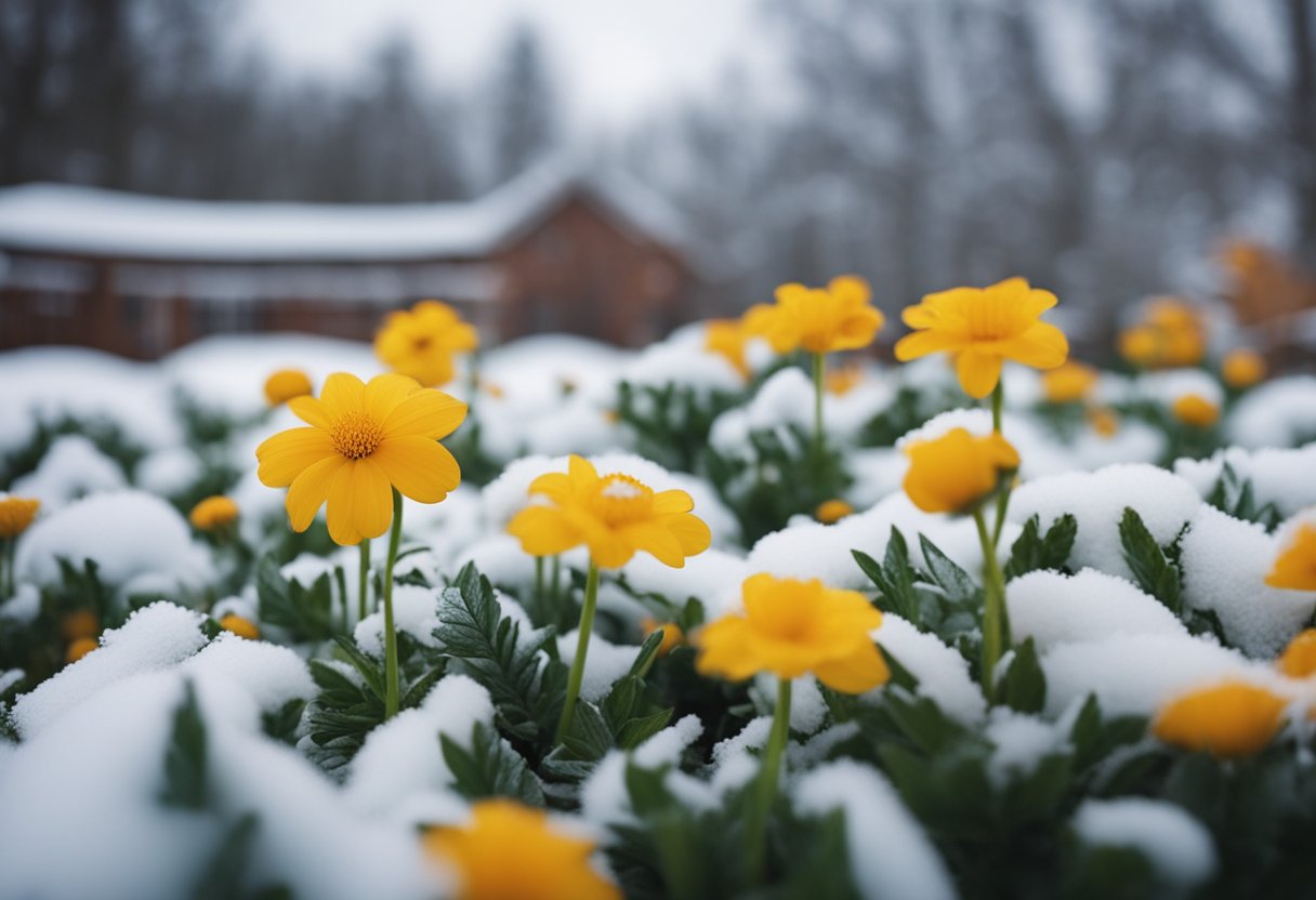 Snow-covered garden with vibrant flowers peeking through. A gardener gently applies mulch and protective coverings to shield plants from the cold