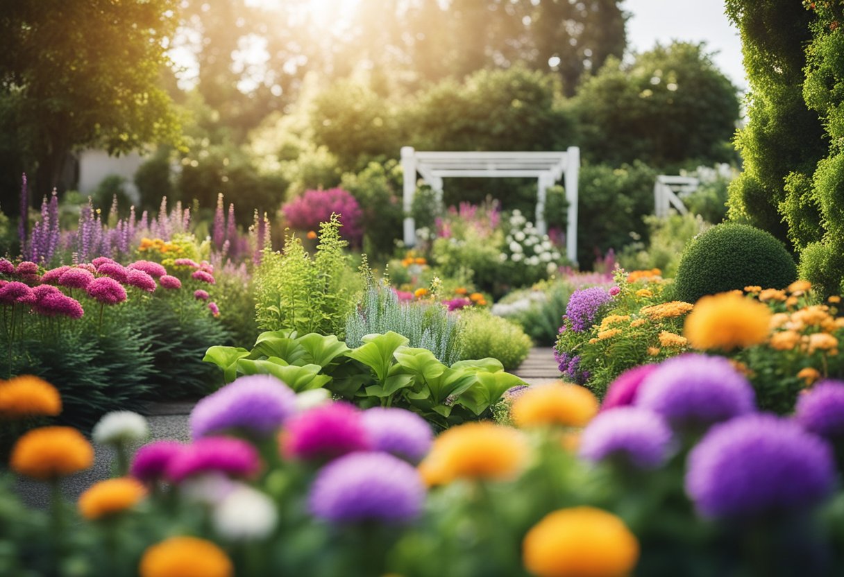 Lush garden with vibrant, pet-friendly flowers. Toxic plants labeled "Avoid." Safe options highlighted