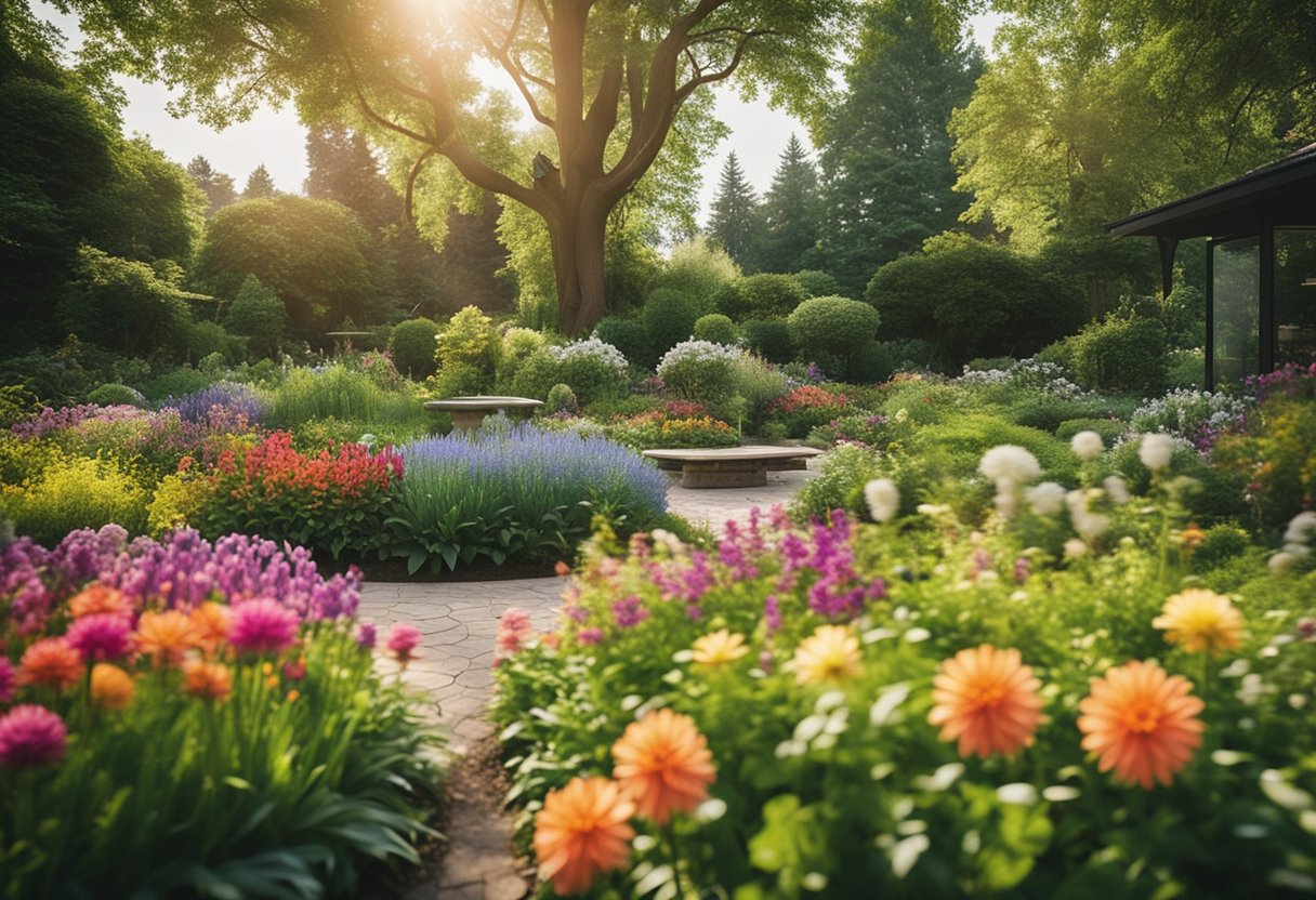 A vibrant garden with colorful perennial flowers blooming in an outdoor setting, surrounded by lush greenery and sustainable landscaping features