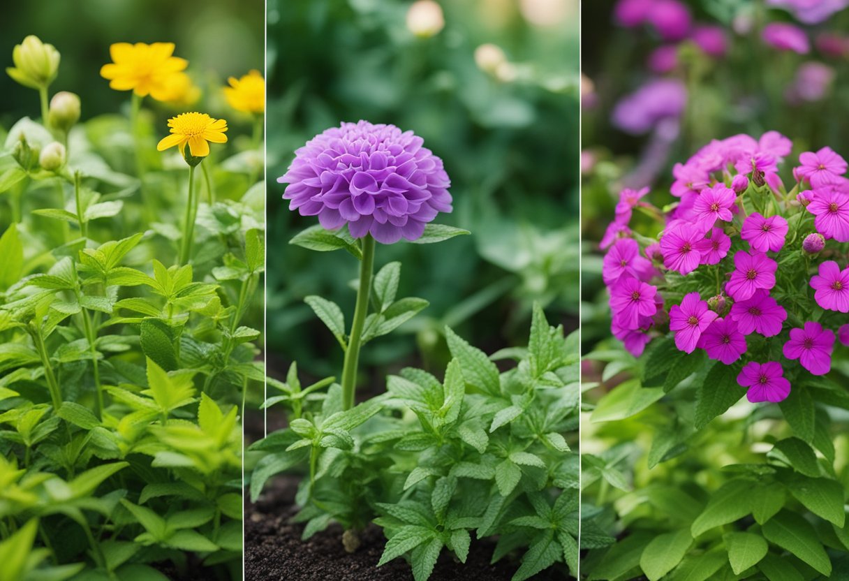 Vibrant outdoor flowers in various stages of growth, some blooming and others budding, surrounded by healthy green foliage. Signs of common plant problems are visible, such as wilting leaves or yellowing petals