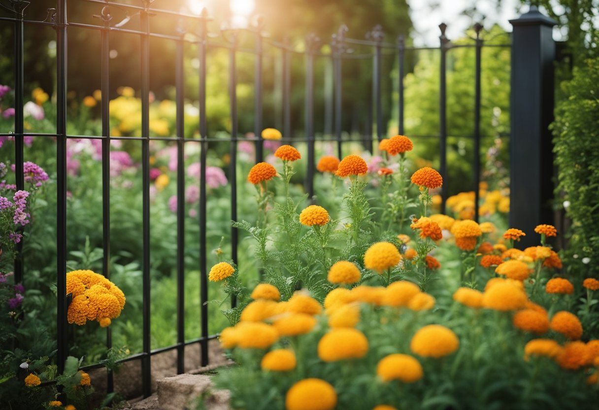 Lush garden with pet-friendly flowers, like marigolds and snapdragons. Fences and gates secure the area, with signs indicating pet-safe zones