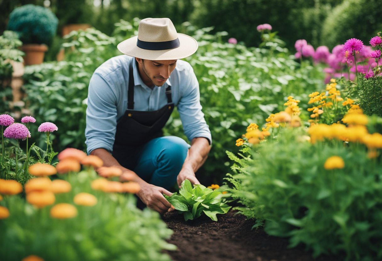 A gardener plants and tends to colorful perennial flowers in a lush, sustainable garden