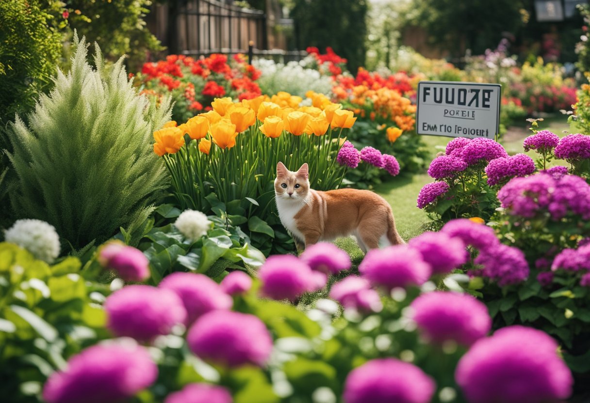 Vibrant flowers bloom in a lush garden, surrounded by pet-friendly signs. A variety of colorful and safe options for pet owners and gardeners to enjoy