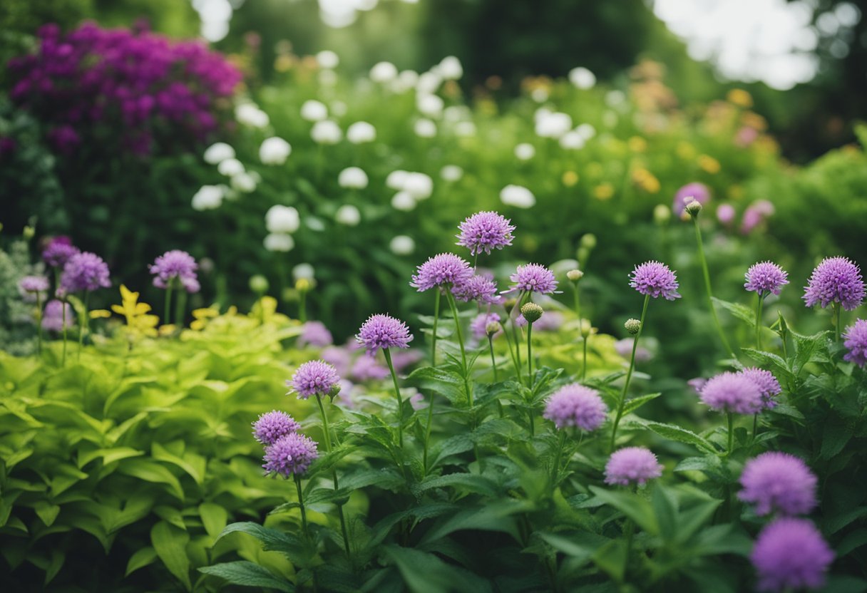 Perennial flowers bloom in a lush garden, intermingled with companion plants to promote sustainability